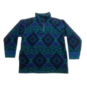 Vintage EVR Sweater Womens Large L Green Blue Fleece Geometric Southwestern